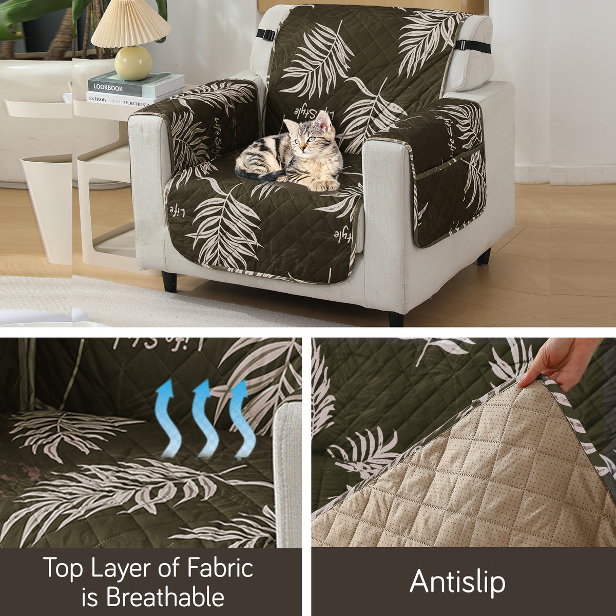 Quilted Waterproof Sofa Cover Mat with Pockets on Armrest Cover - Palm Leaves Olive