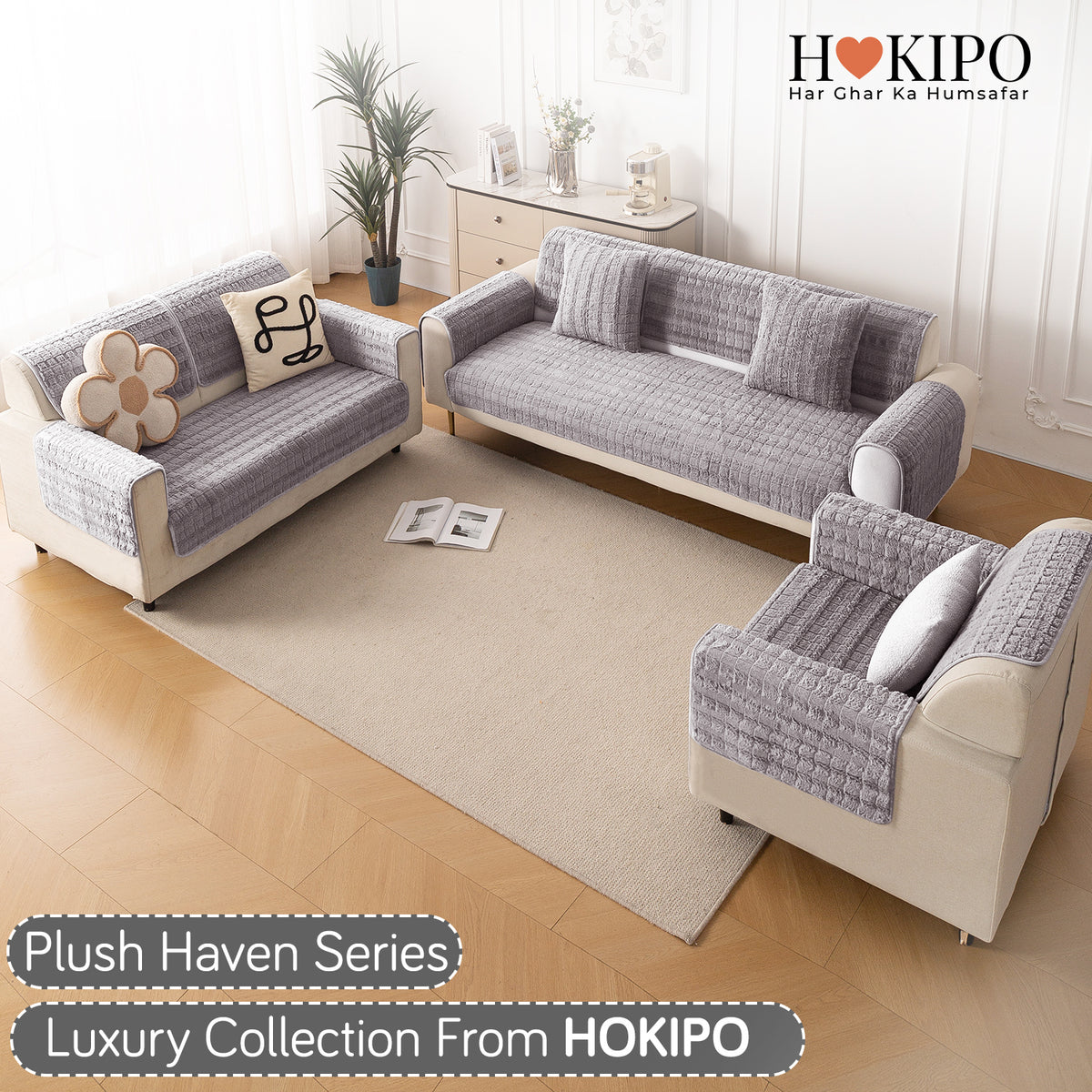 'Plush Haven' Premium Anti Slip Sofa Cover Mat, Light Grey