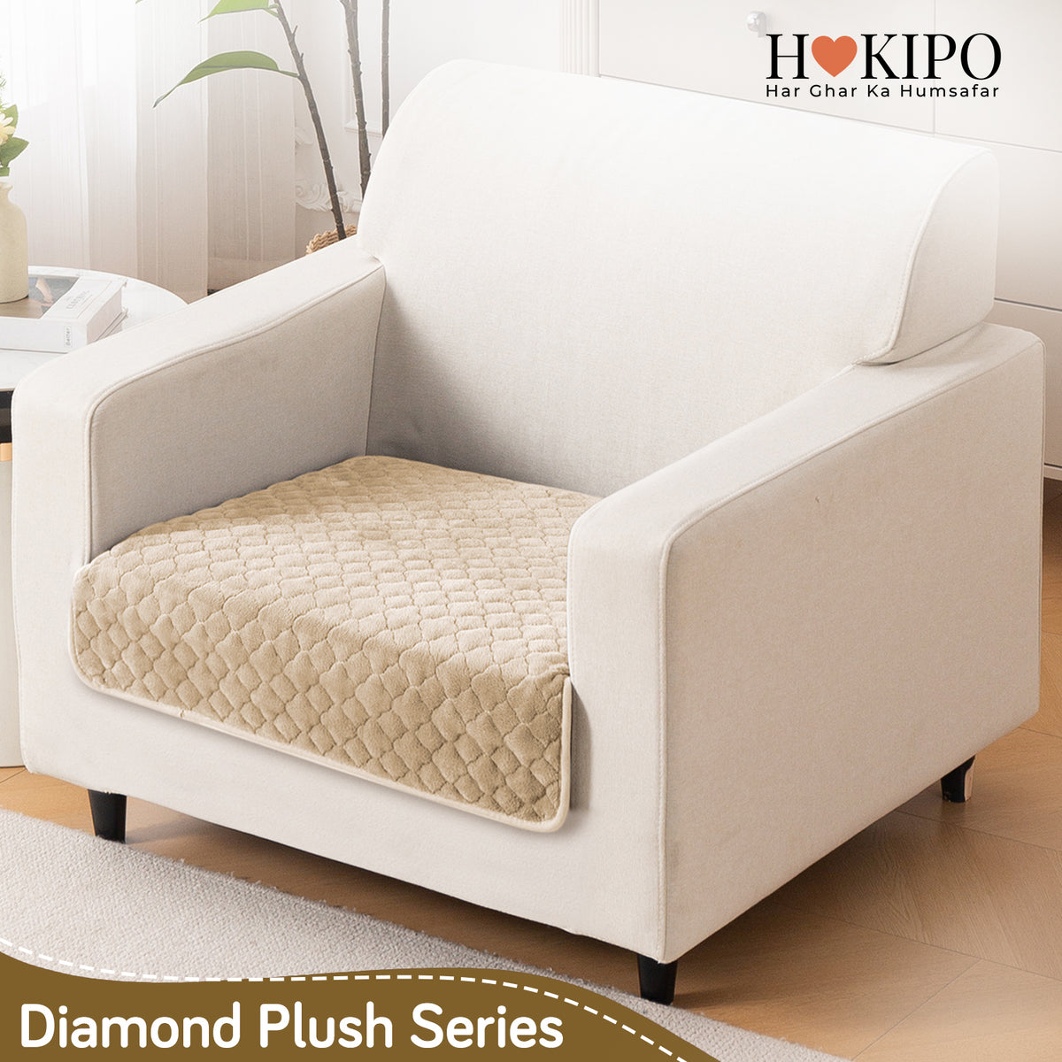 Diamond Plush Pebble Quilted Sofa Cover Mat, Beige