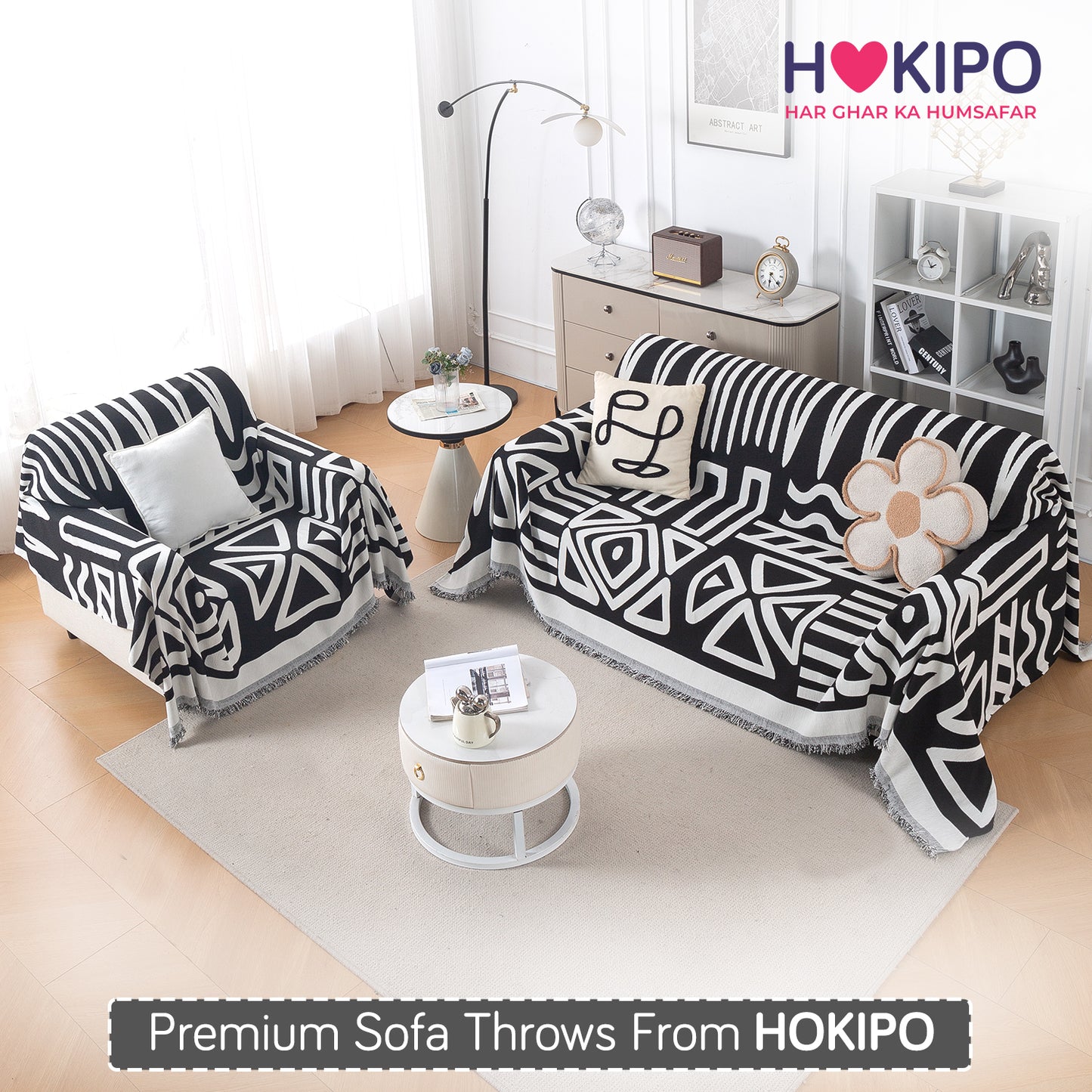 Buy Black Colour Urban Tribe Chenille Sofa Throw for 1,2,3 Seater Sofas | HOKIPO