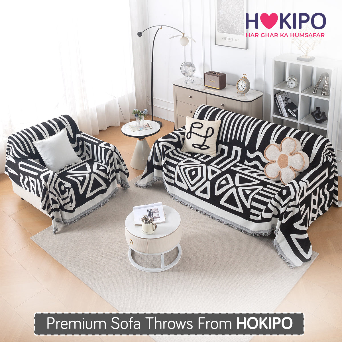 Buy Black Colour Urban Tribe Chenille Sofa Throw for 1,2,3 Seater Sofas | HOKIPO