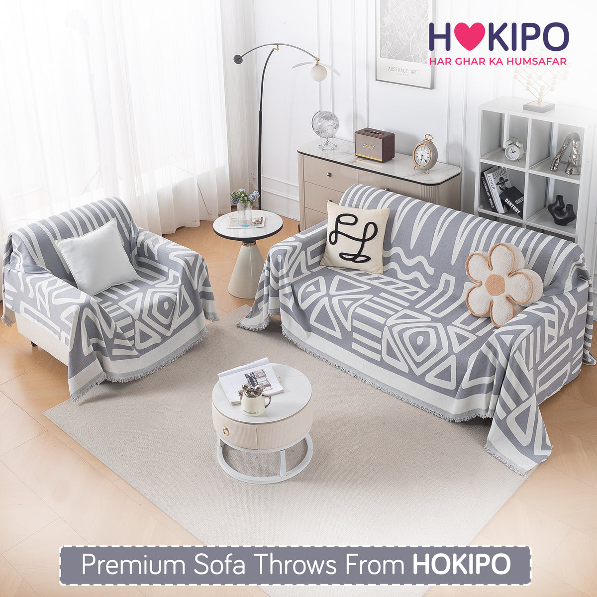 Buy Grey Colour Urban Tribe Chenille Sofa Throw for 1,2,3 Seater Sofas | HOKIPO