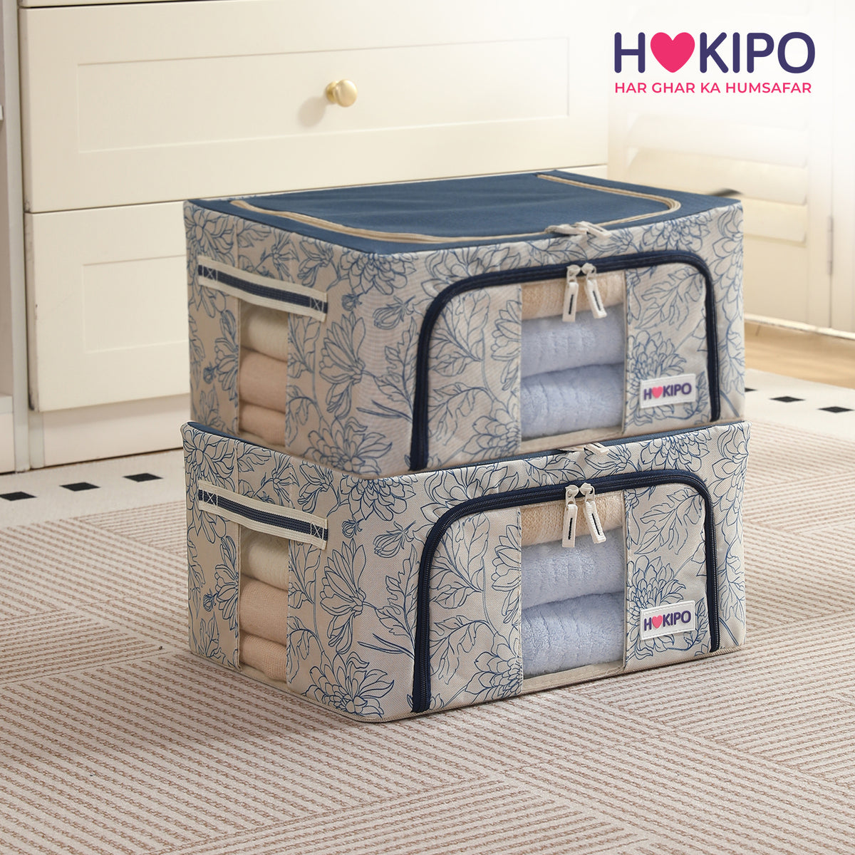 Foldable Cloth Storage Organizer for Wardrobe, Blue Blossom