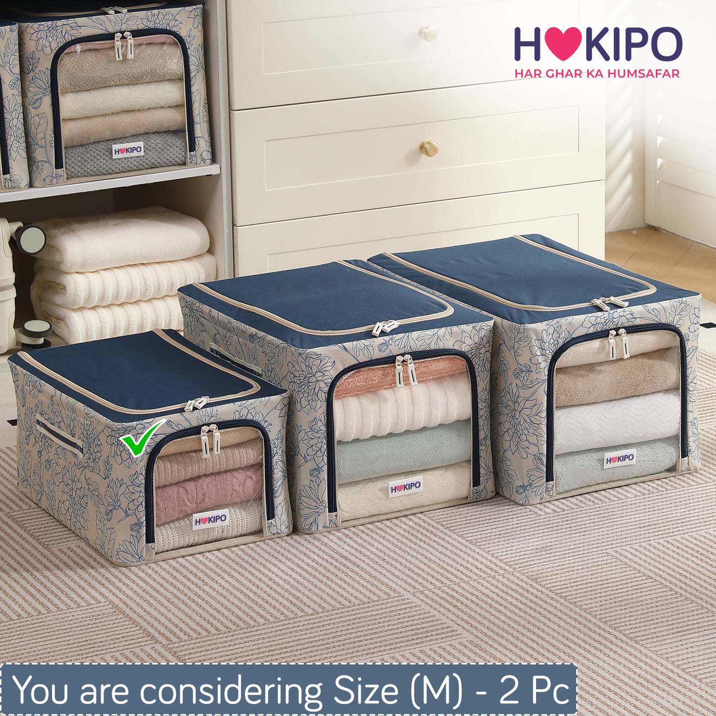 Foldable Cloth Storage Organizer for Wardrobe, Blue Blossom