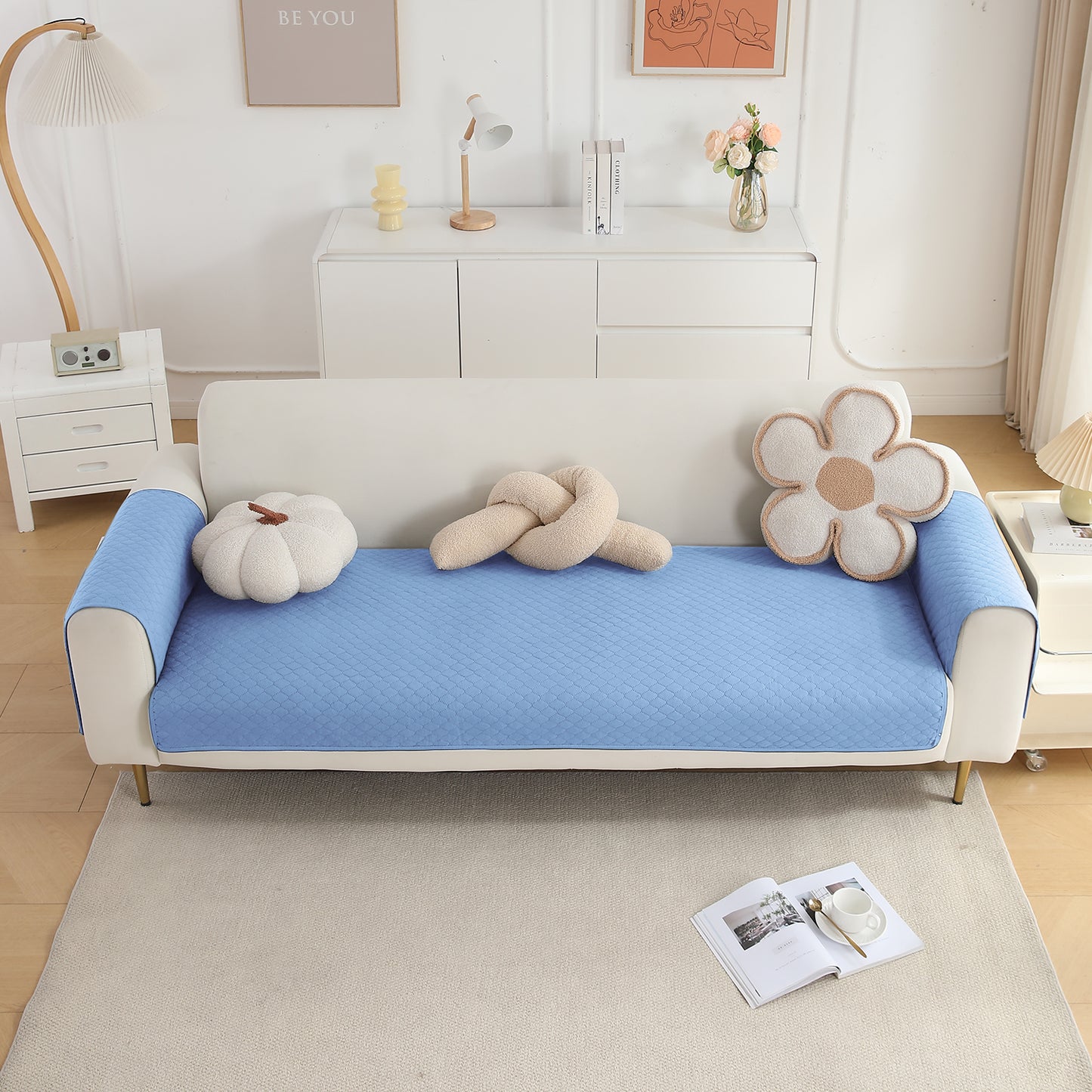 Quilted Sofa Cover Mat with 2 Armrest Covers Pockets, Blue