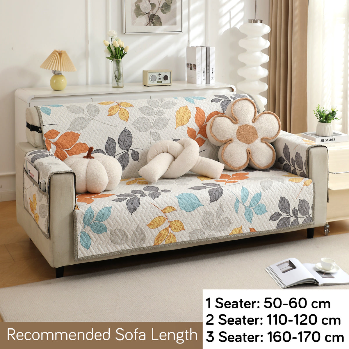 Quilted Sofa Cover with Pockets, Multicolor Leaves