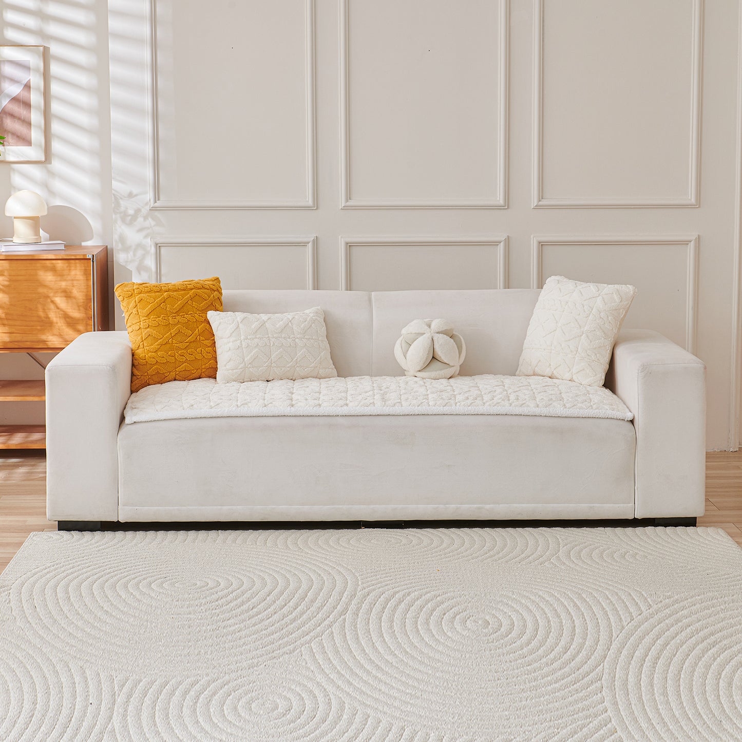 'Italian Caelora' Luxury Jacquard Plush Sofa Cover Mat and Anti-Slip Armrest Covers - Pearl Whit