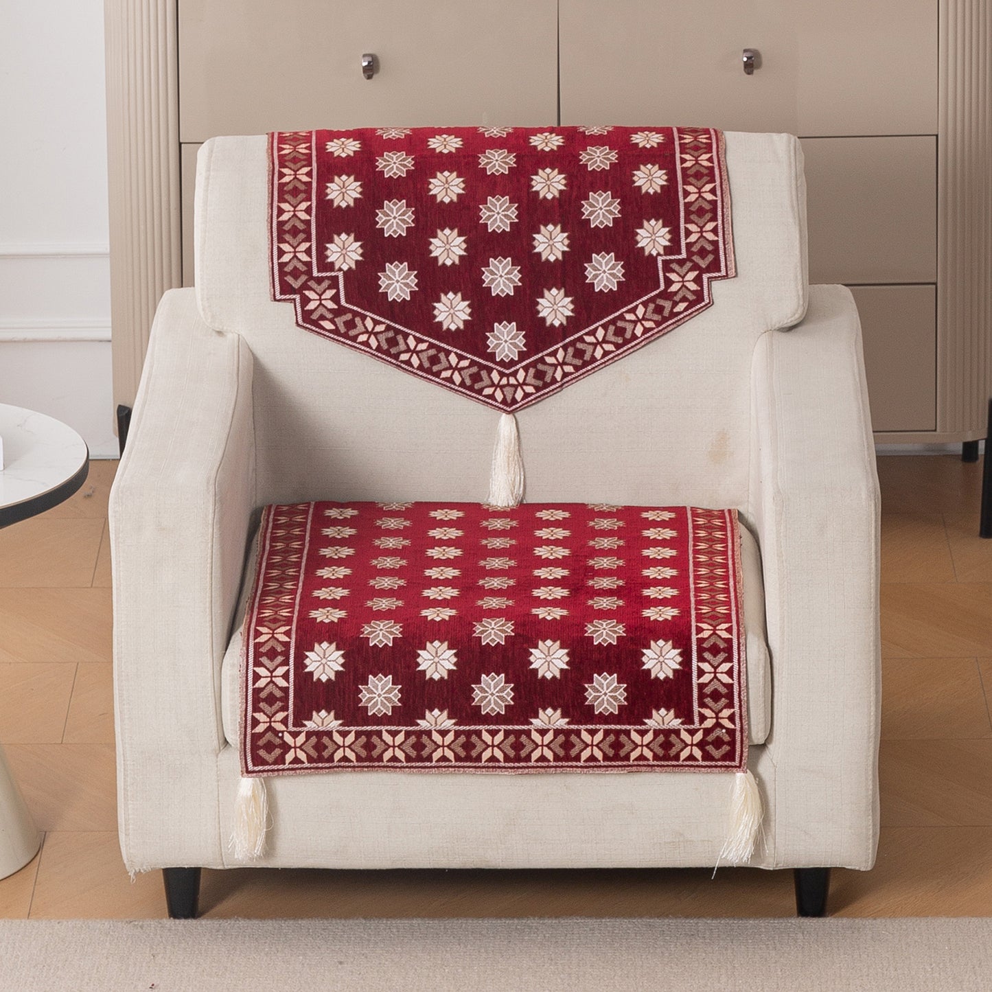 Heritage Weave Premium Jacquard Sofa Cover Set with Tassels -  Crimson Red