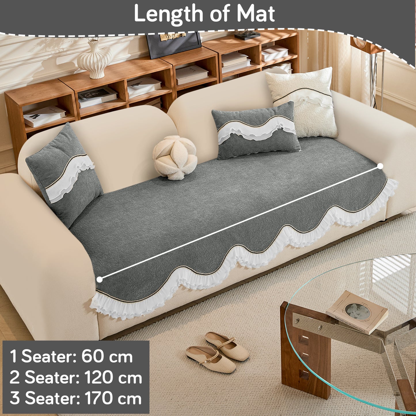 French Classic Frill Wavy Sofa Cover Mat with Curve & Lace - Moonstone Grey