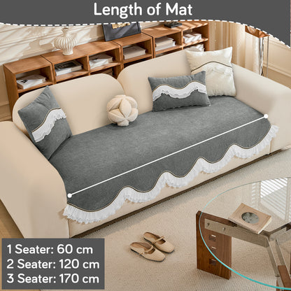 French Classic Frill Wavy Sofa Cover Mat with Curve & Lace - Moonstone Grey