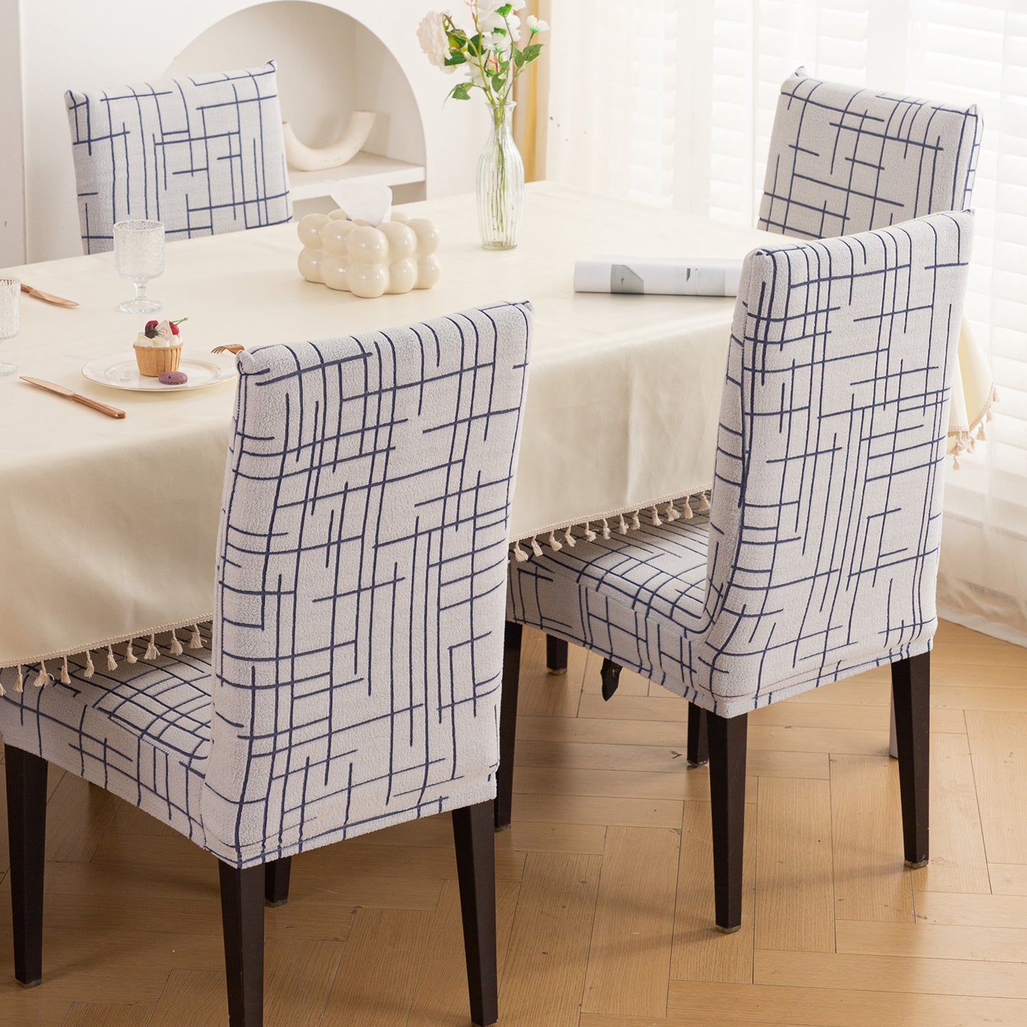 'Crossline Series' 180 GSM Jacquard Chair Cover Set 1/2/4/6, Navy Blue