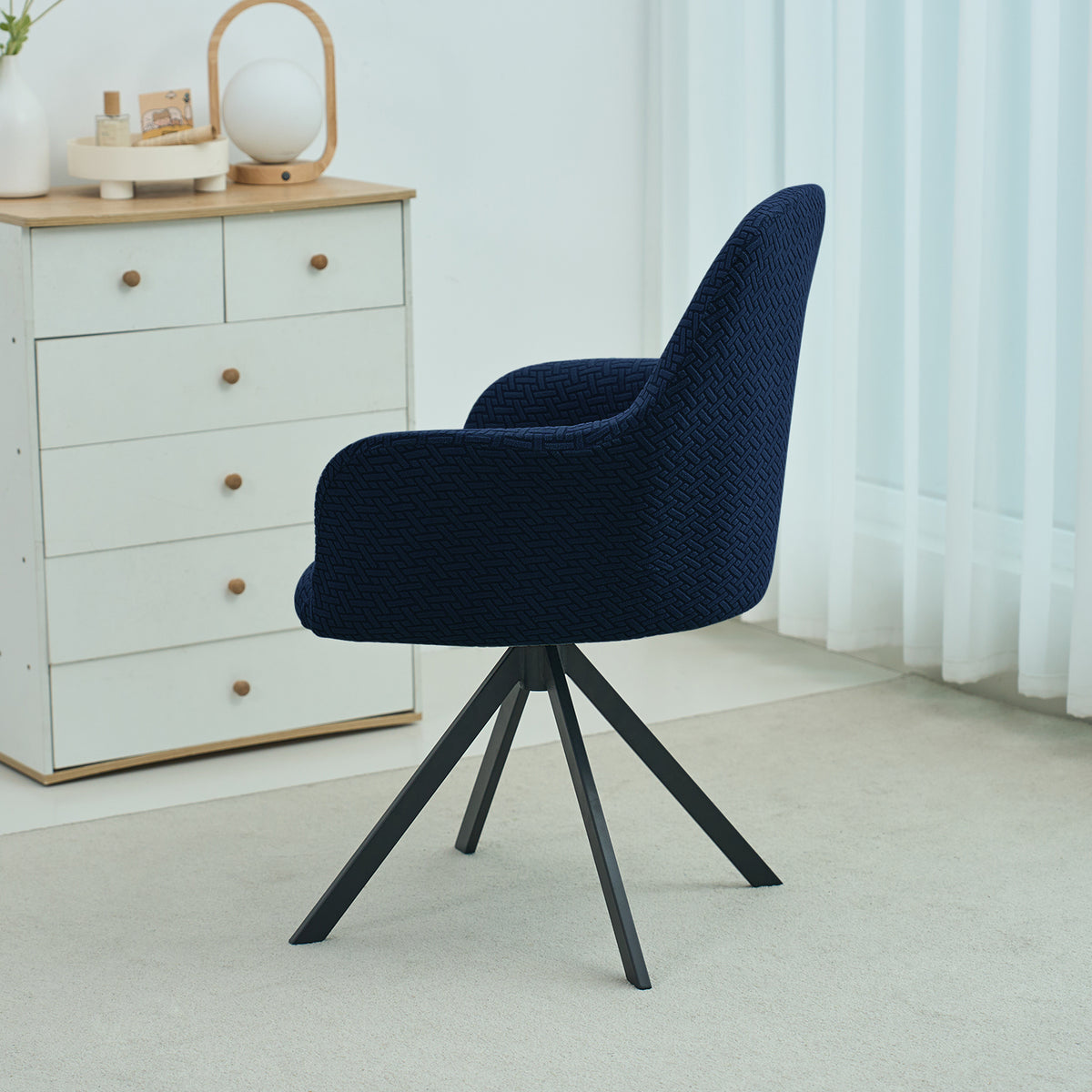 Premium Jacquard Fully Covered Cover for Swivel Dining Chair with Arms, Navy Blue