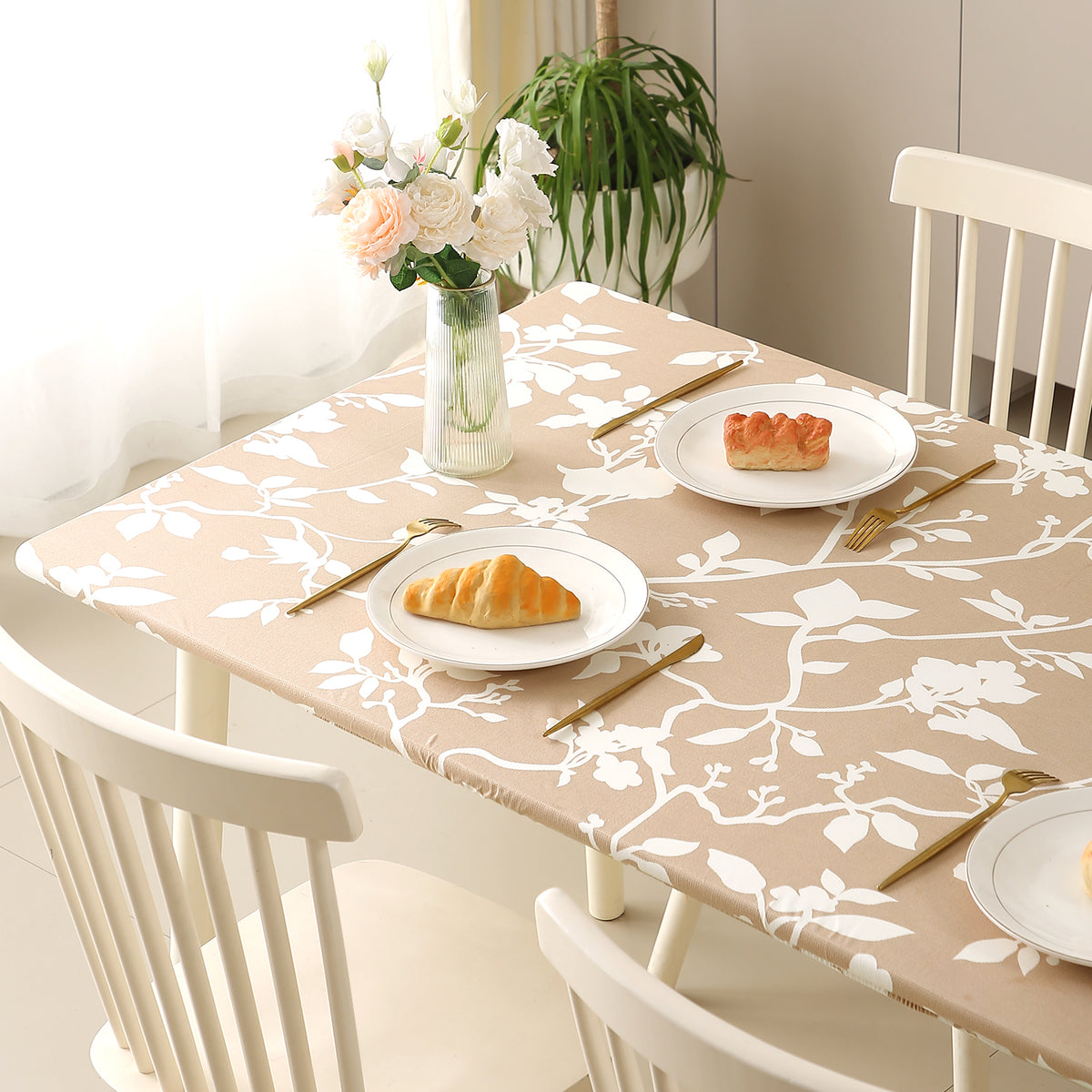 Buy Buff Brown Sillehoute Floral Printed Water-Repellent Elastic Stretchable Table Cover | HOKIPO
