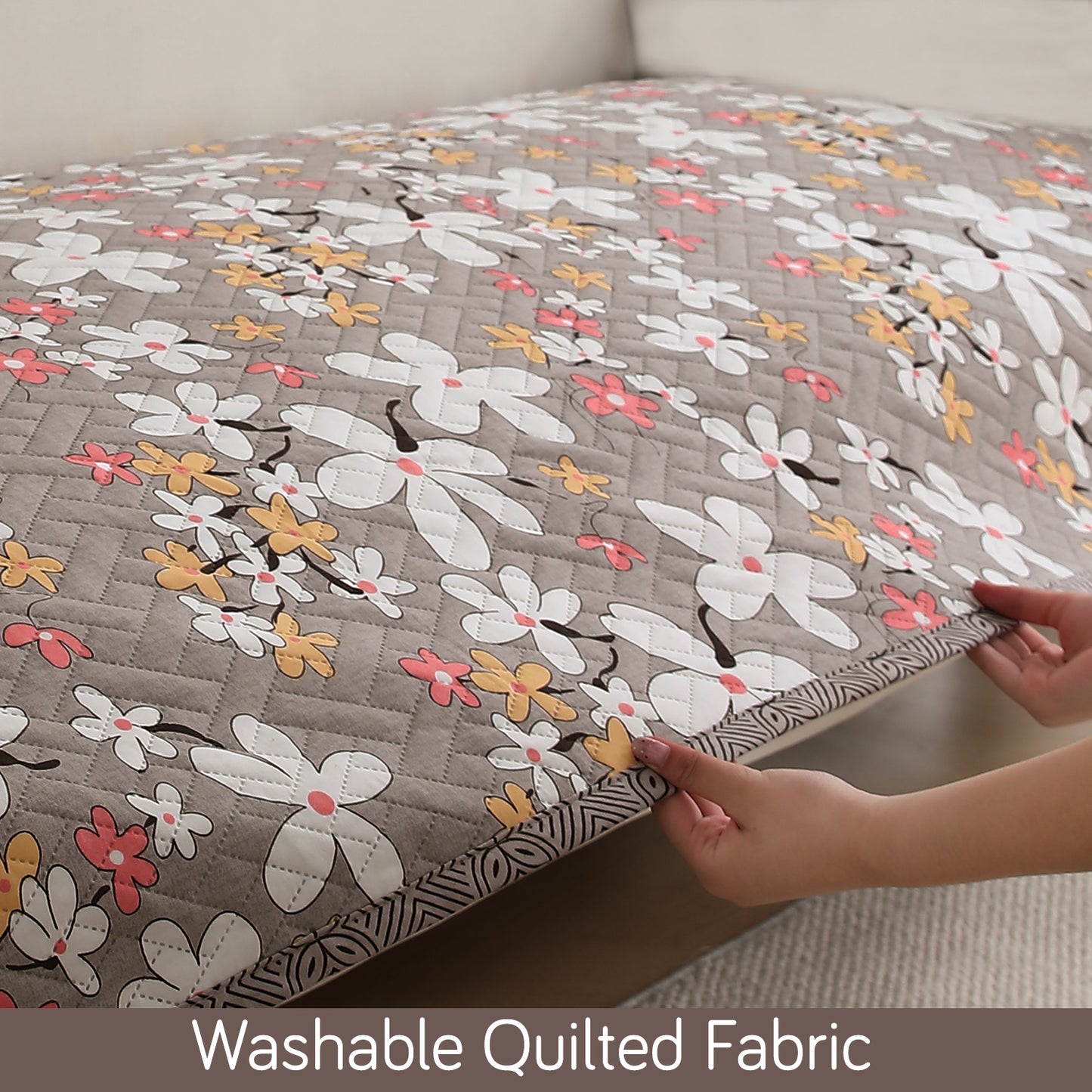 HomeHues Series Quilted Sofa Cover with Secure Fit Belt for L Shape sofa, Pastel Brown Sandwort Flower