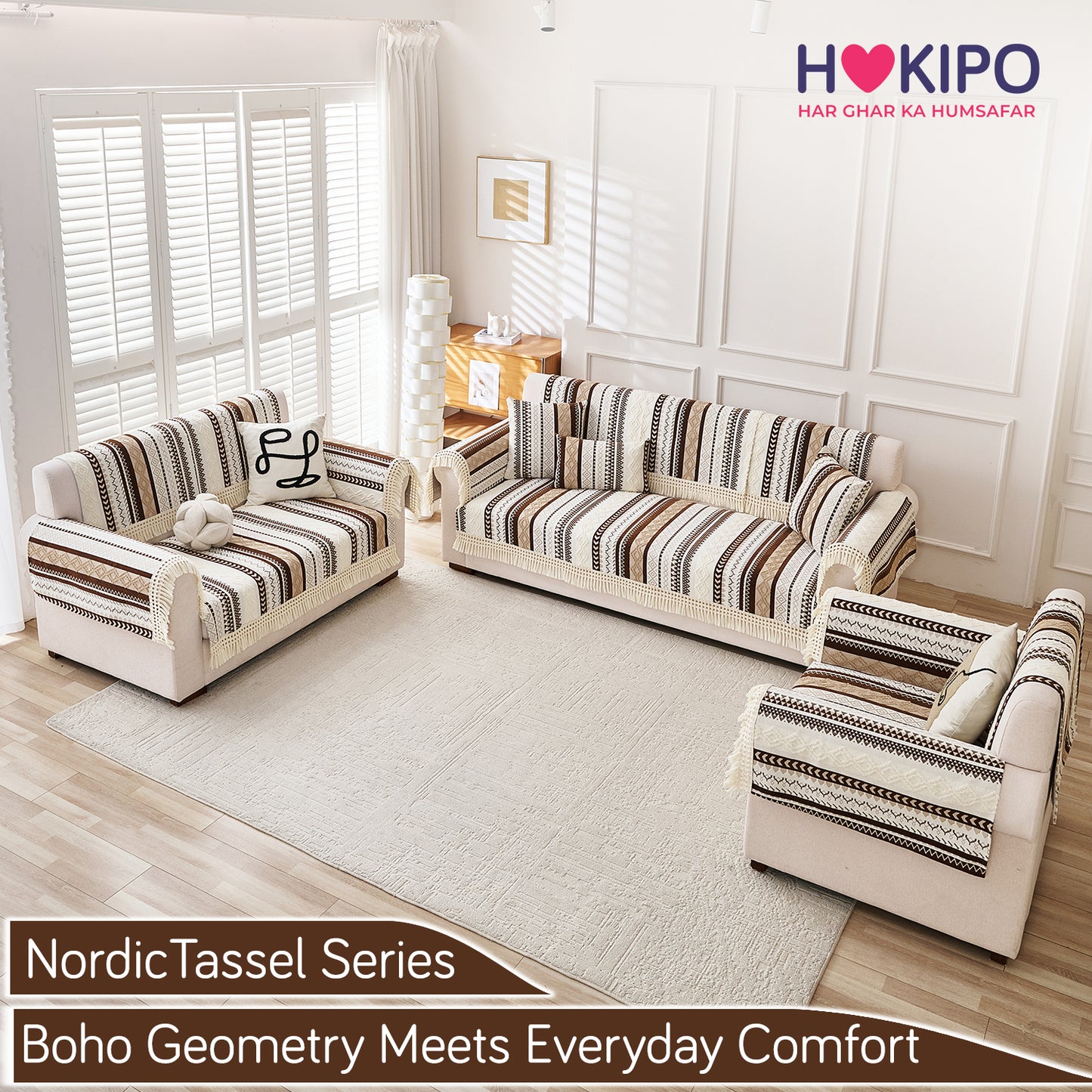 Nordic Boho Geometric Sofa Cover Mat with Tassel, 'Nordic Tassel Series'  Chocolate Brown