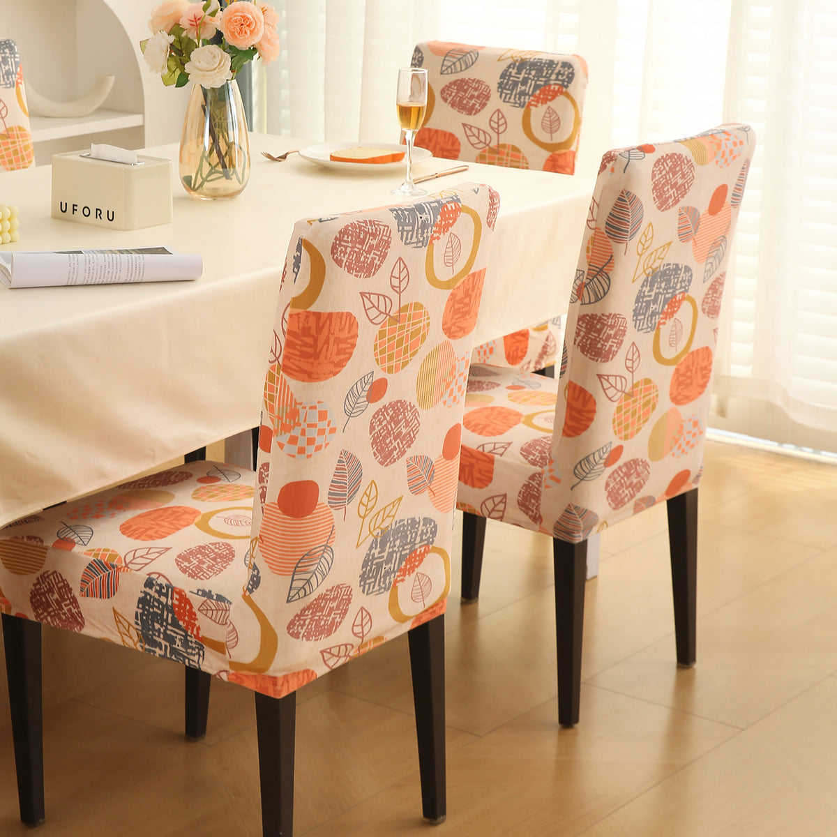 Premium Printed Velvet Dining Chair Cover Set, Coral Autumn Leaves