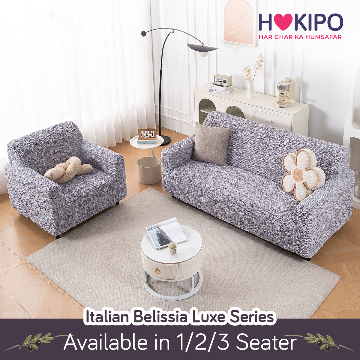 Italian Belissia Luxe Series' Super Stretchable Microfiber 1/2/3 Seater Sofa Cover, Ice Grey