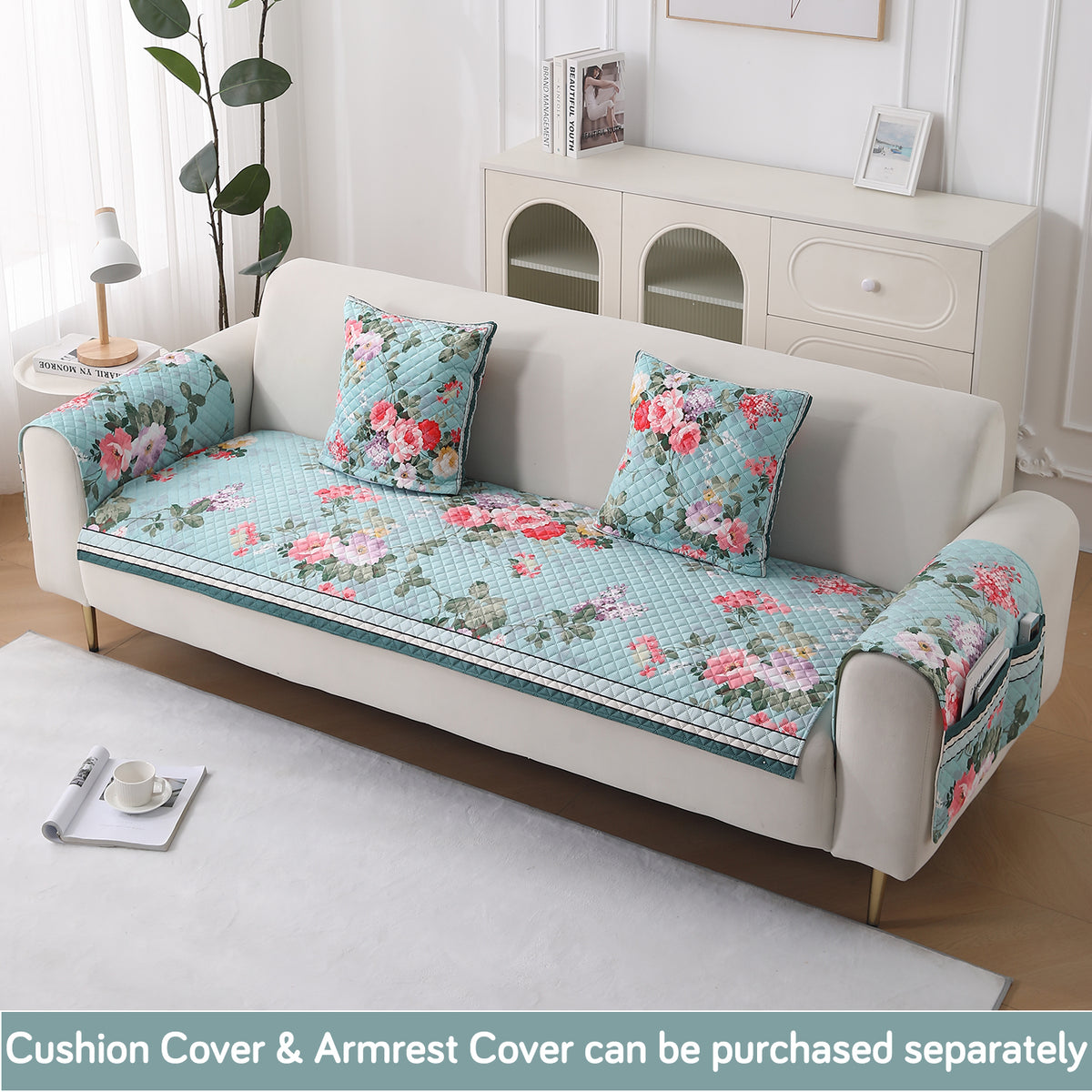 LiefNest Holland Velvet Sofa Cover Mat with Foam Filling -  Fresh Floral Pastel Blue