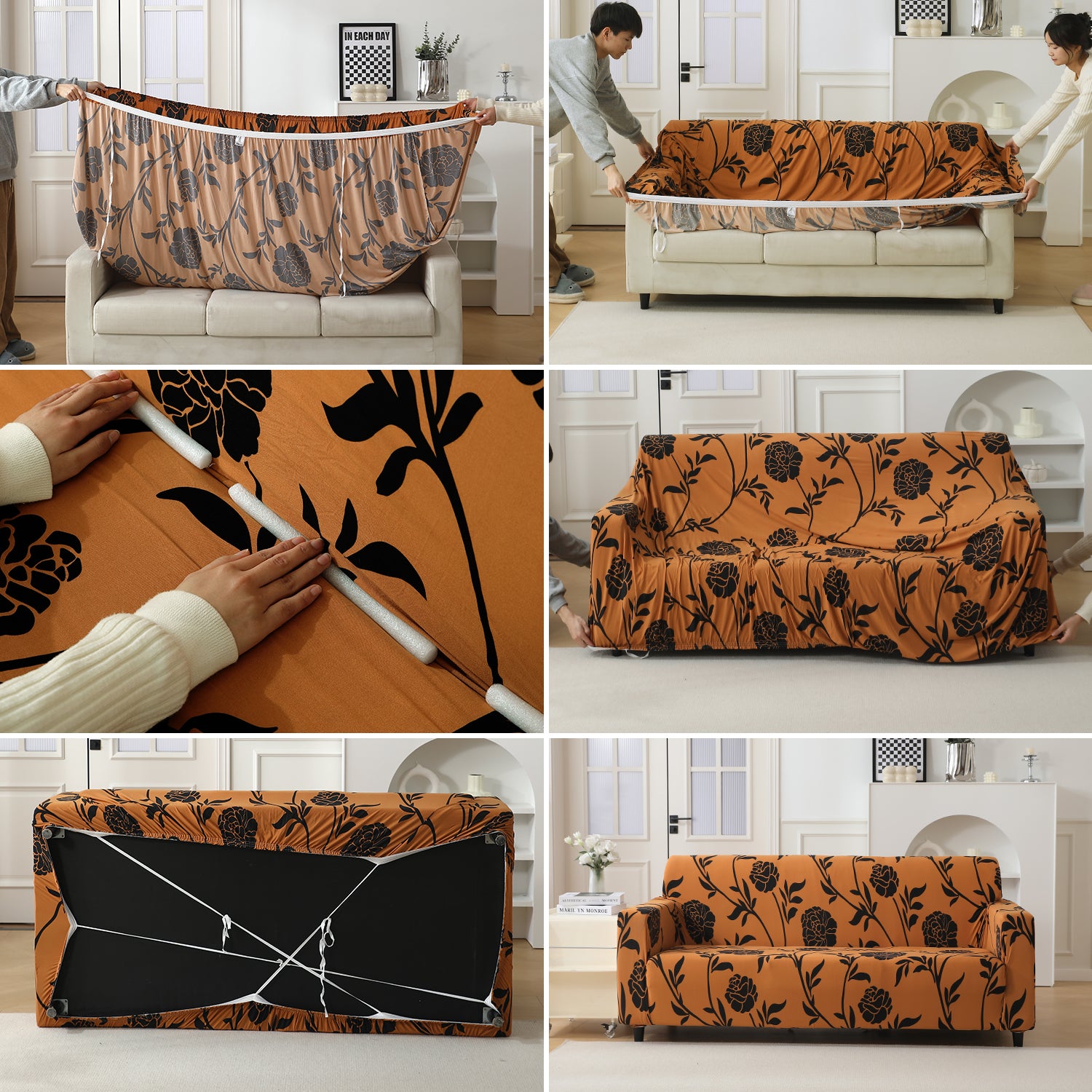 Copper Brown Floral – Step-by-step guide on how to put an stretchable sofa cover