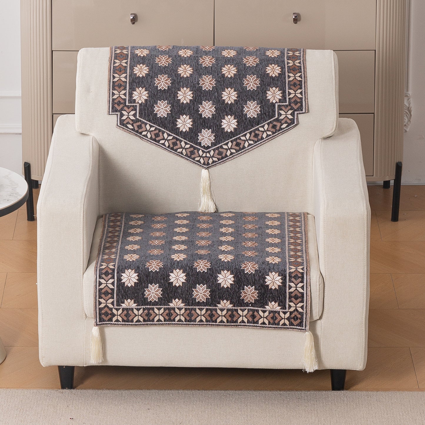 Heritage Weave Premium Jacquard Sofa Cover Set with Tassels - Graphite Grey