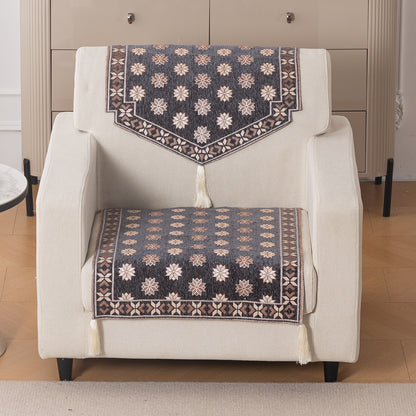 Heritage Weave Premium Jacquard Sofa Cover Set with Tassels - Graphite Grey