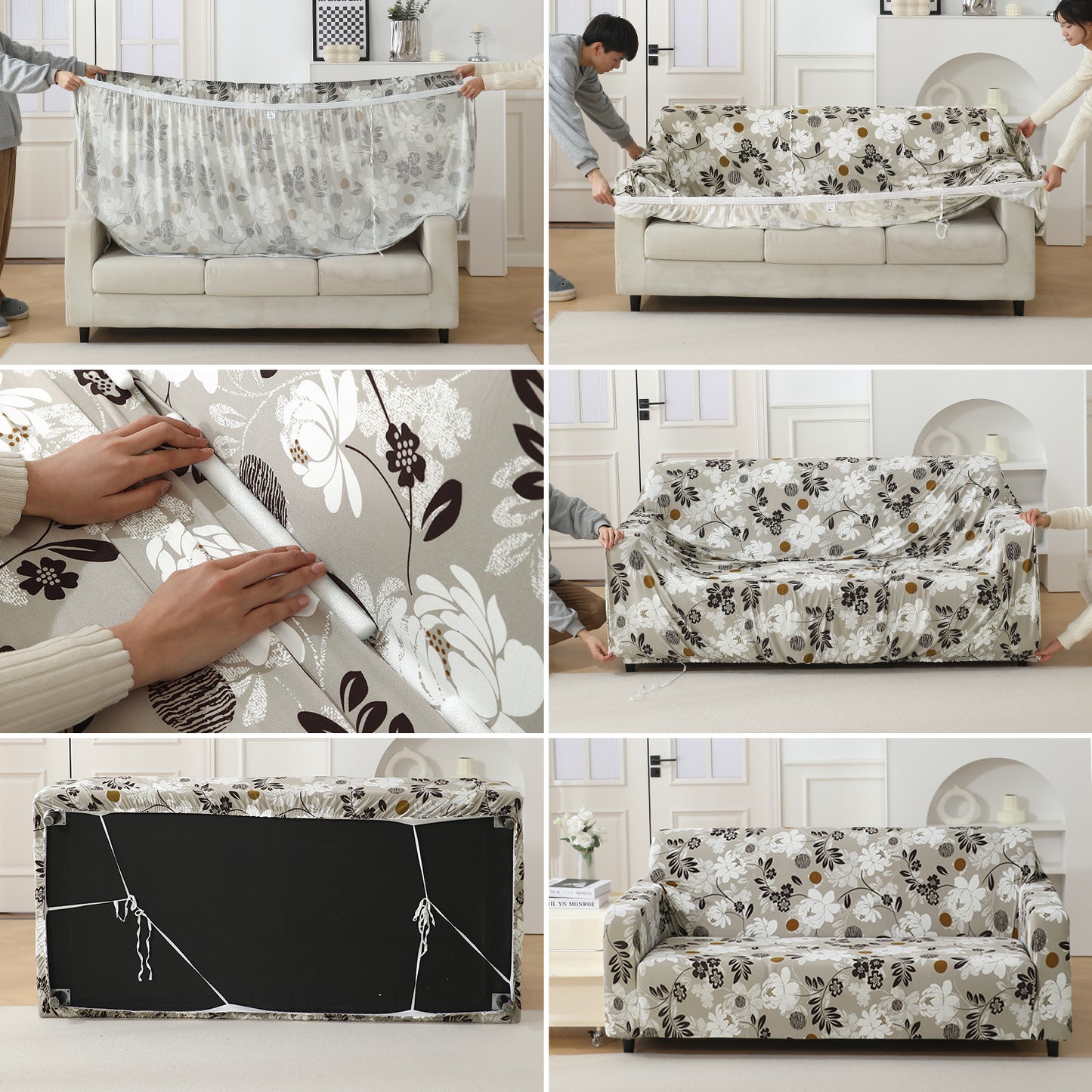 Step-by-step guide on How to put on Feather Brown Floral Colour elastic sofa cover