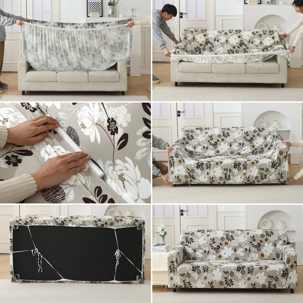 Step-by-step guide on How to put on Feather Brown Floral Colour elastic sofa cover