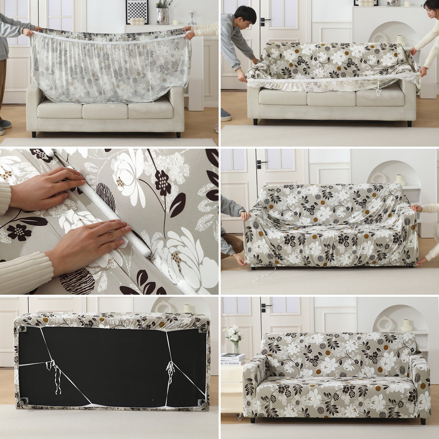 Step-by-step guide on How to put on Feather Brown Floral Colour elastic sofa cover