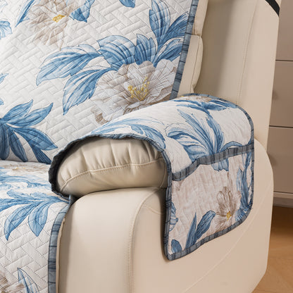 Quilted Cover for Recliner Sofa with SecureFit Belt & Side Pocket, Celadon Blue Camellia