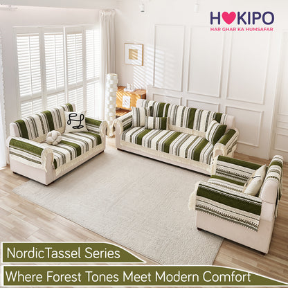 Nordic Boho Geometric Sofa Cover Mat with Tassel, 'Nordic Tassel Series'  Olive Meadow