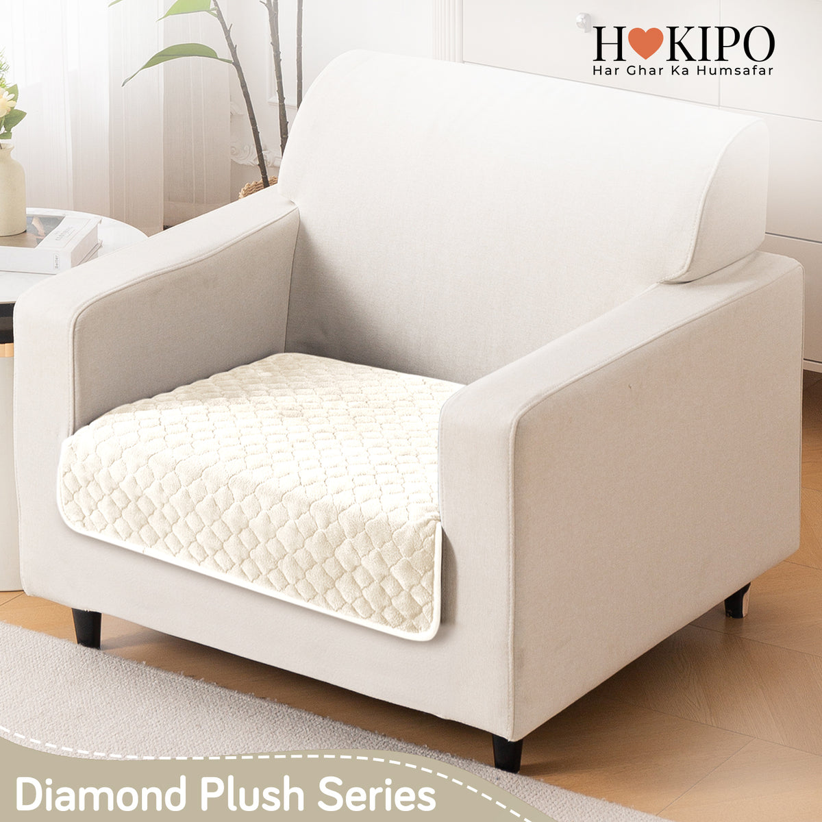 Diamond Plush Pebble Quilted Sofa Cover Mat, Cream
