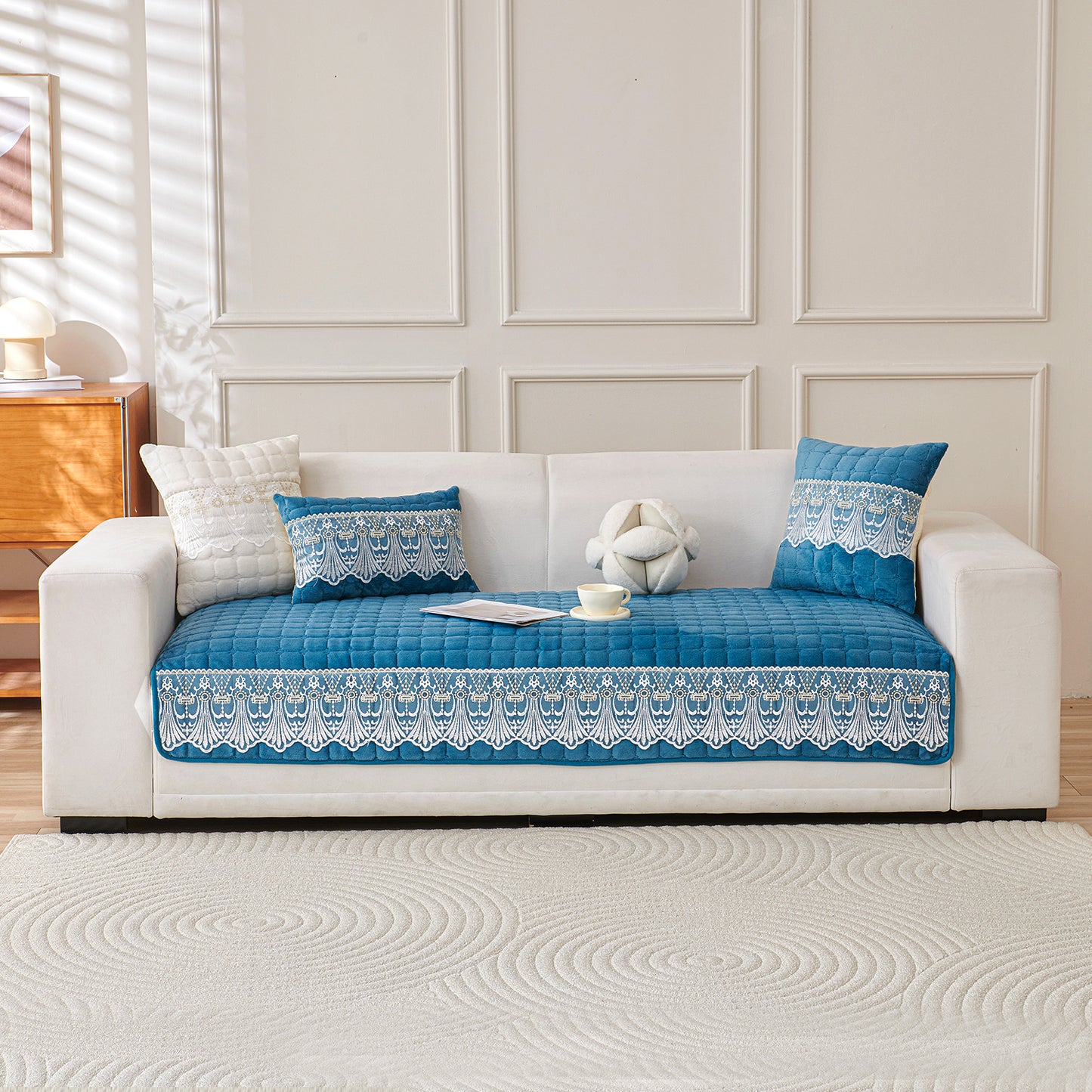 BelleLace Series Imperial Milk Velvet Sofa Cover Mat with Lace Design - Celdaon Blue