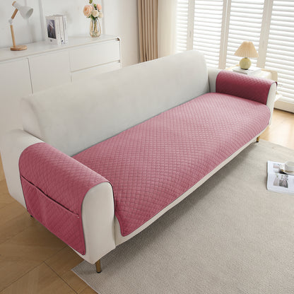 Quilted Sofa Cover Set with Seat Mat and Armrest Covers with Pockets, Mauve Pink