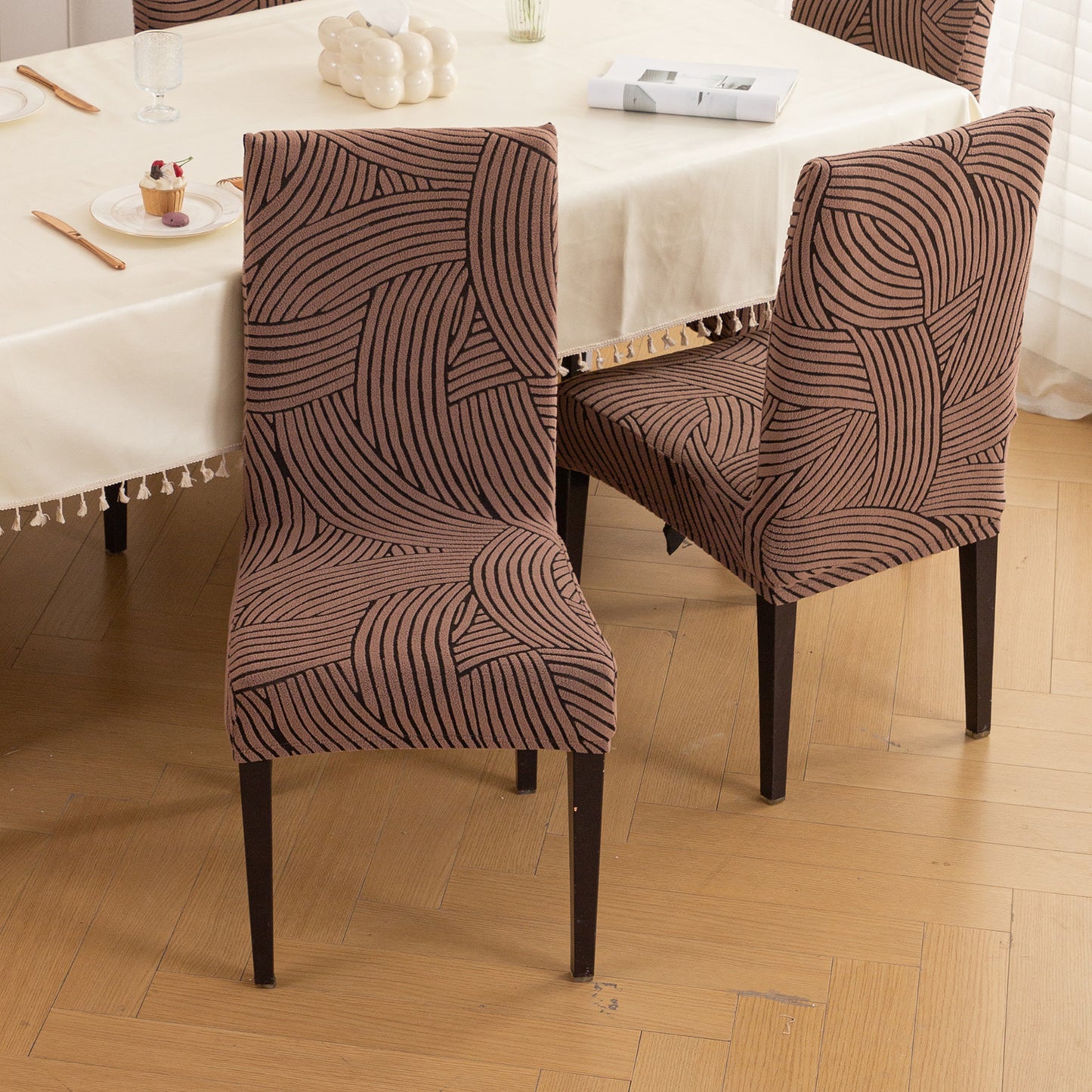 WaveLine Series 180 GSM Jacquard Chair Cover Set of 1/2/4/6, Rust Brown