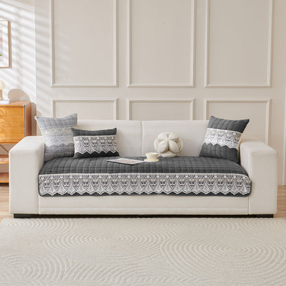 BelleLace Series Imperial Milk Velvet Sofa Cover Mat with Lace Design - Porpoise Grey
