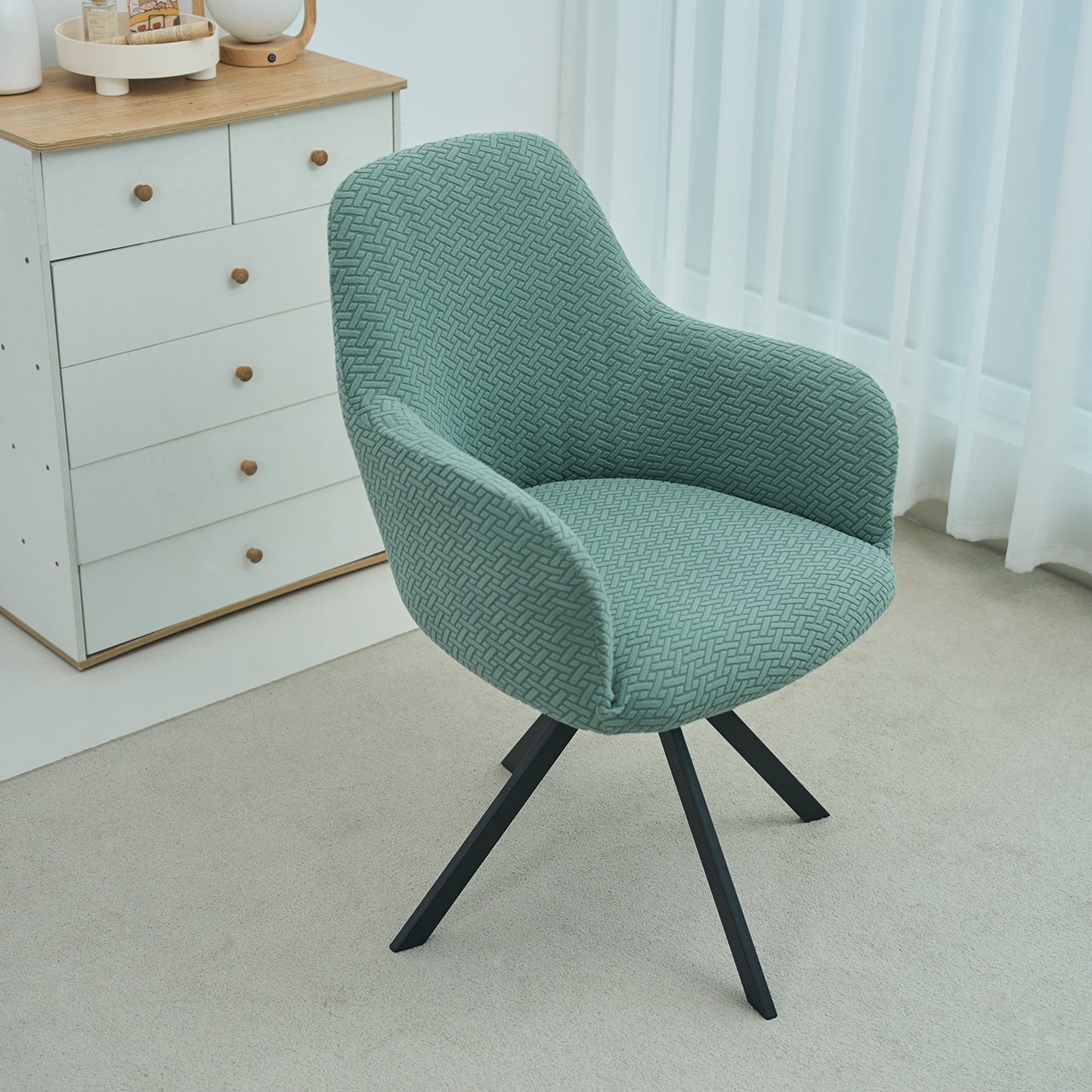 Premium Jacquard Fully Covered Cover for Swivel Dining Chair with Arms, Continental Green