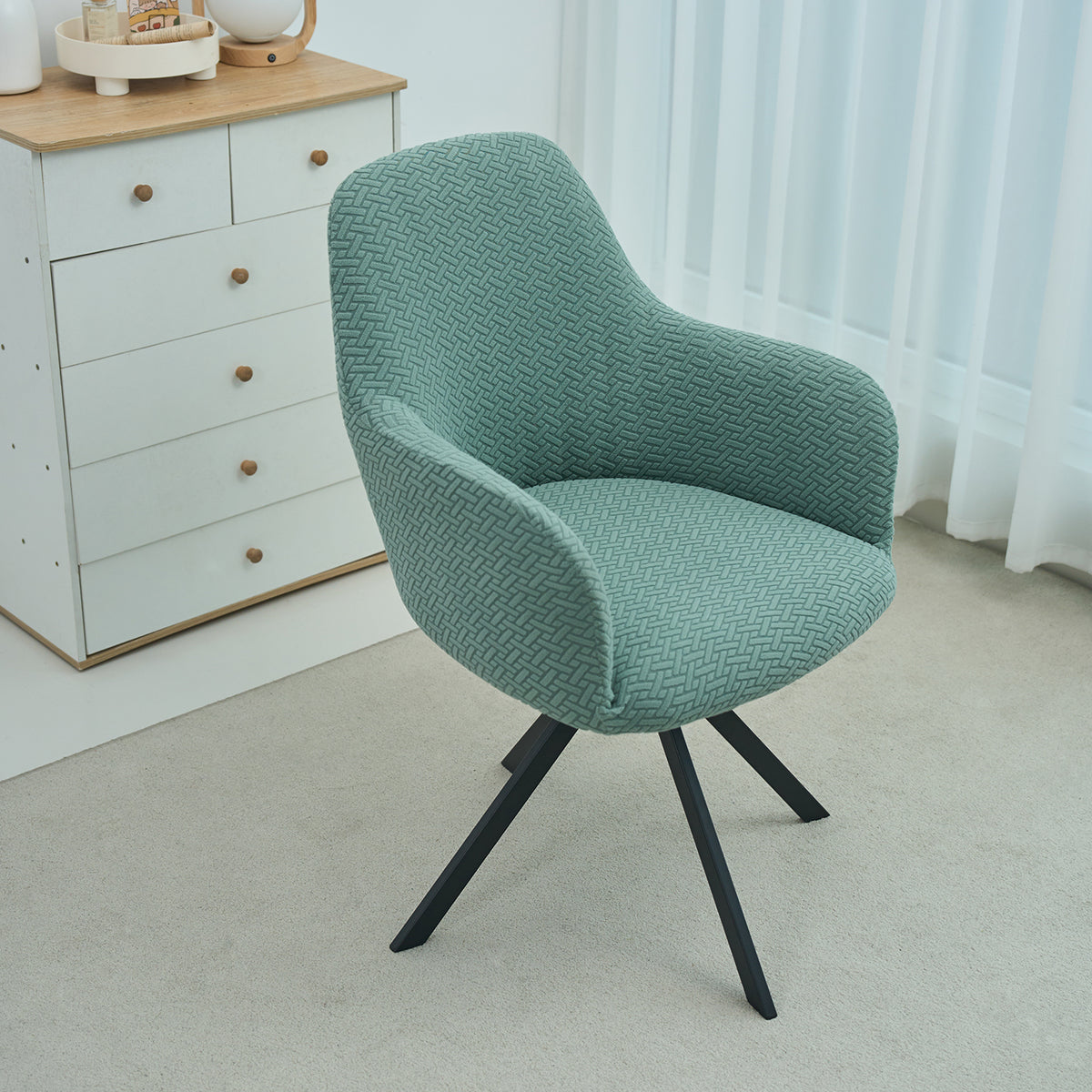 Premium Jacquard Fully Covered Cover for Swivel Dining Chair with Arms, Continental Green