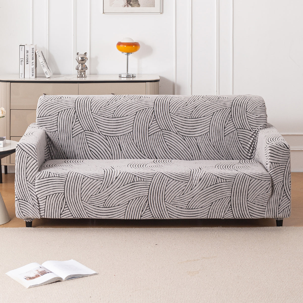 Buy Classic White WaveLine Jacquard Sofa Cover | HOKIPO