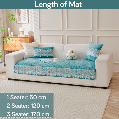 BelleLace Series Imperial Milk Velvet Sofa Cover Mat with Lace Design - Teal