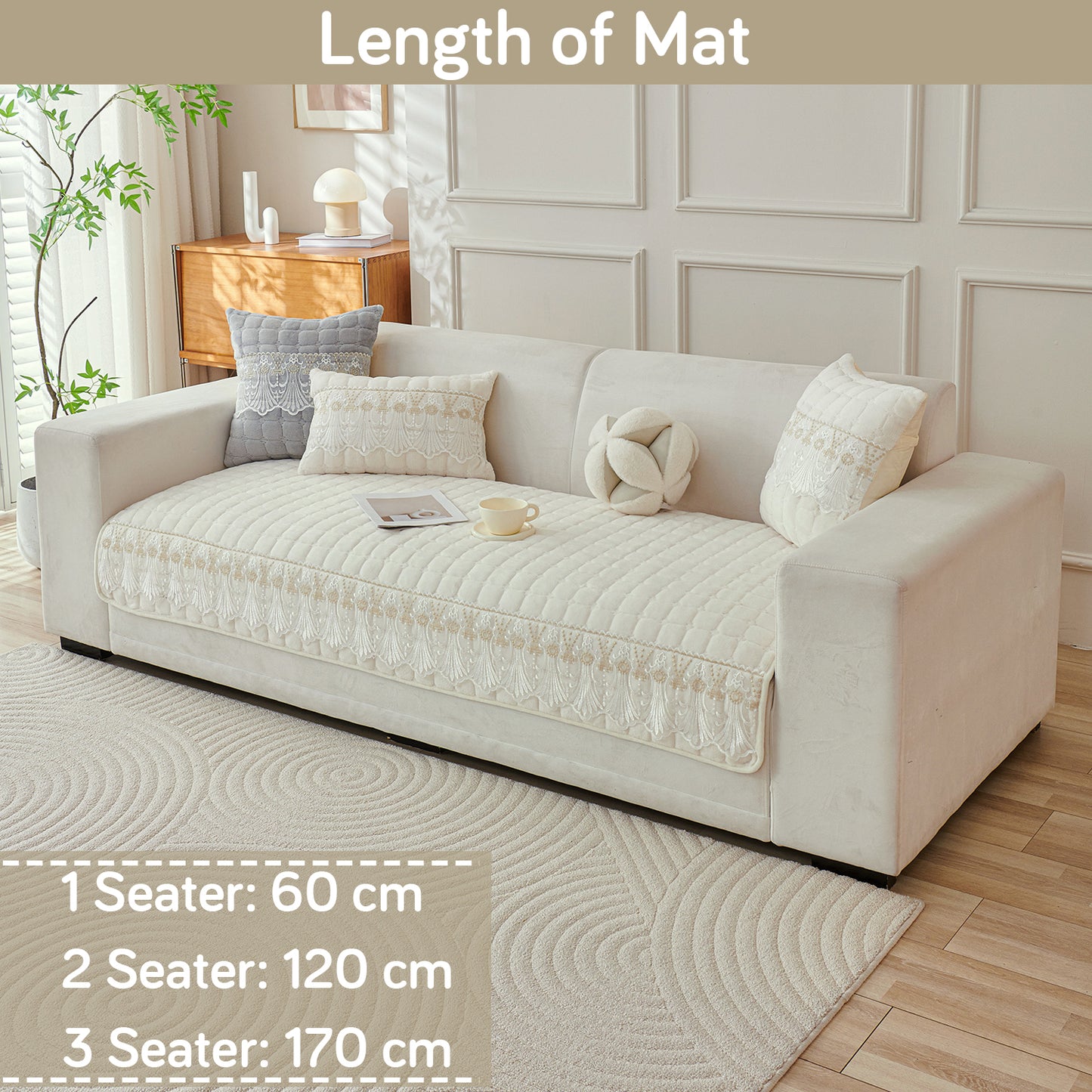 BelleLace Series Imperial Milk Velvet Sofa Cover Mat with Lace Design - Pearl White