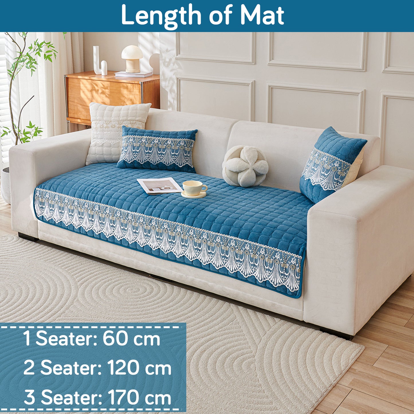 BelleLace Series Imperial Milk Velvet Sofa Cover Mat with Lace Design - Celdaon Blue