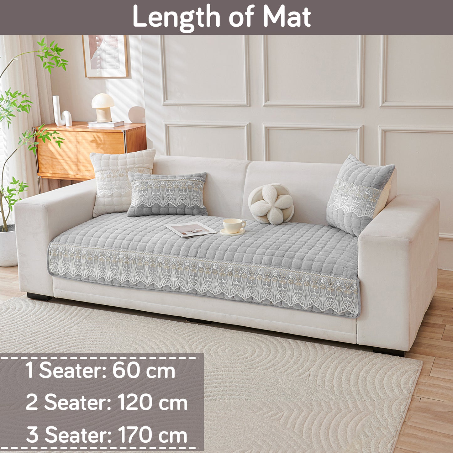 BelleLace Series Imperial Milk Velvet Sofa Cover Mat with Lace Design - Cloud Grey