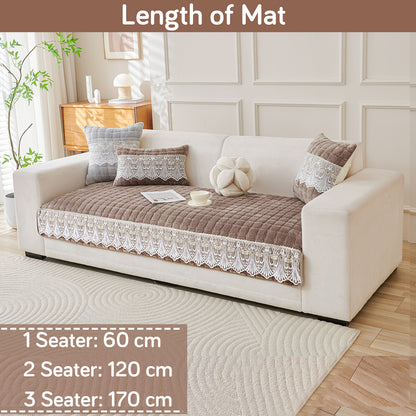 BelleLace Series Imperial Milk Velvet Sofa Cover Mat with Lace Design - Mocha Brown