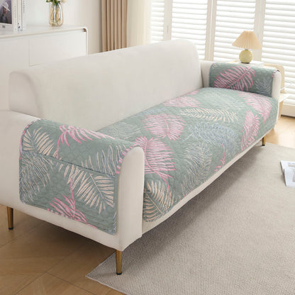Quilted Sofa Seat Mat with Two Armrest Covers with Pockets for 1/2/3 Seater Sofa, Tropical Leaves Pastel Green