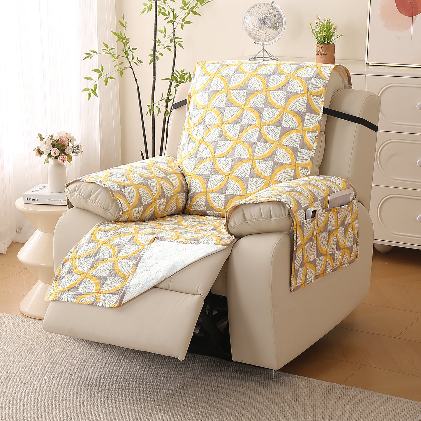 Quilted Printed Recliner Mats for 1 Seater Recliner Sofa, Windmill Cyber Yellow