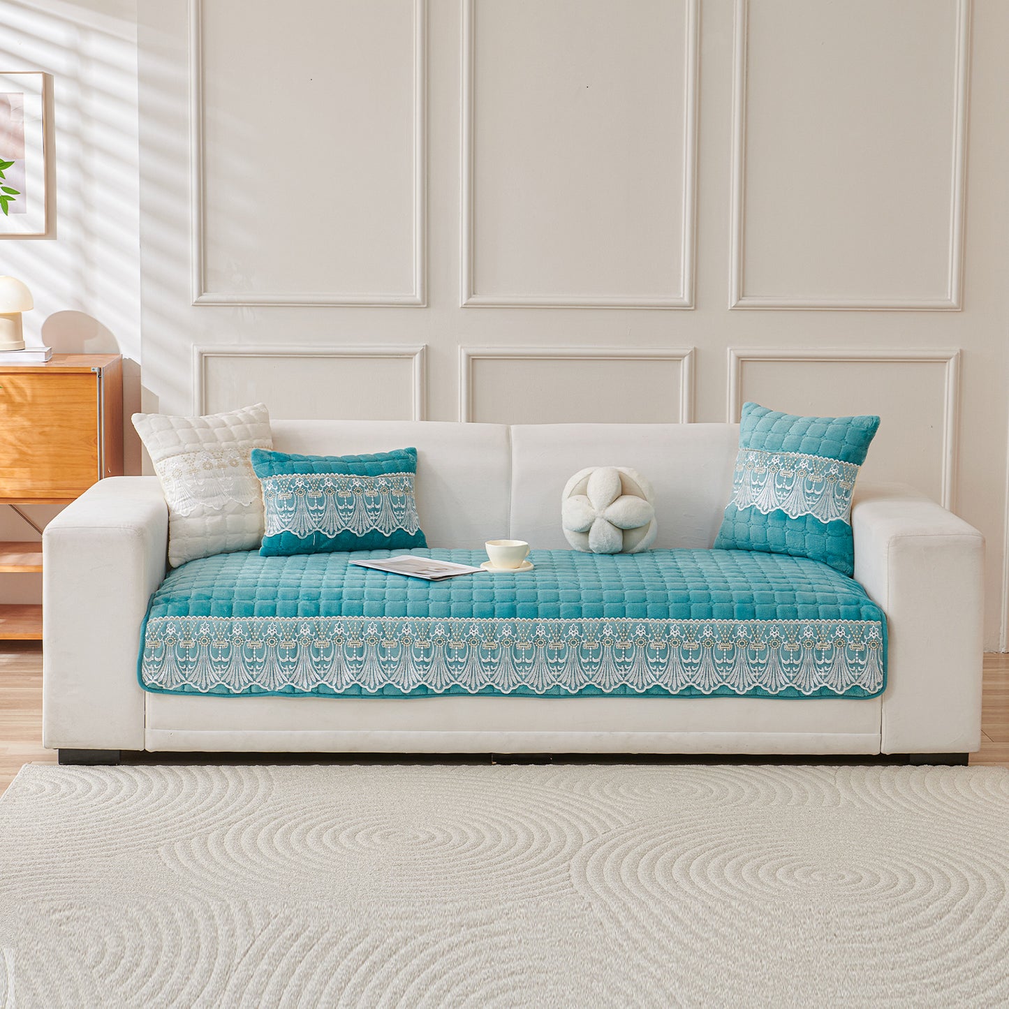 BelleLace Series Imperial Milk Velvet Sofa Cover Mat with Lace Design - Teal