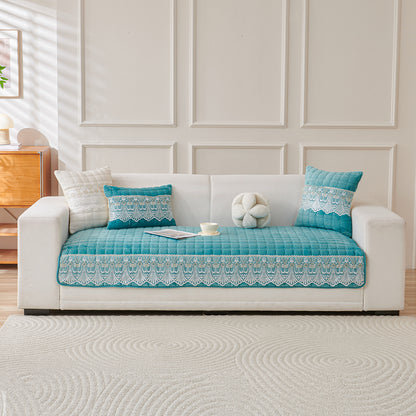 BelleLace Series Imperial Milk Velvet Sofa Cover Mat with Lace Design - Teal
