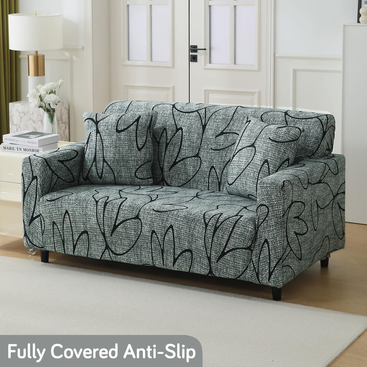 Intense Grey Abstract Floral non slip elastic 2 seater sofa cover
