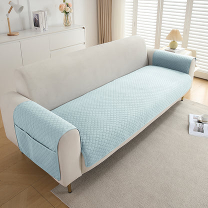 Quilted Sofa Cover Set with Seat Mat and Armrest Covers with Pockets, Light Sky Blue