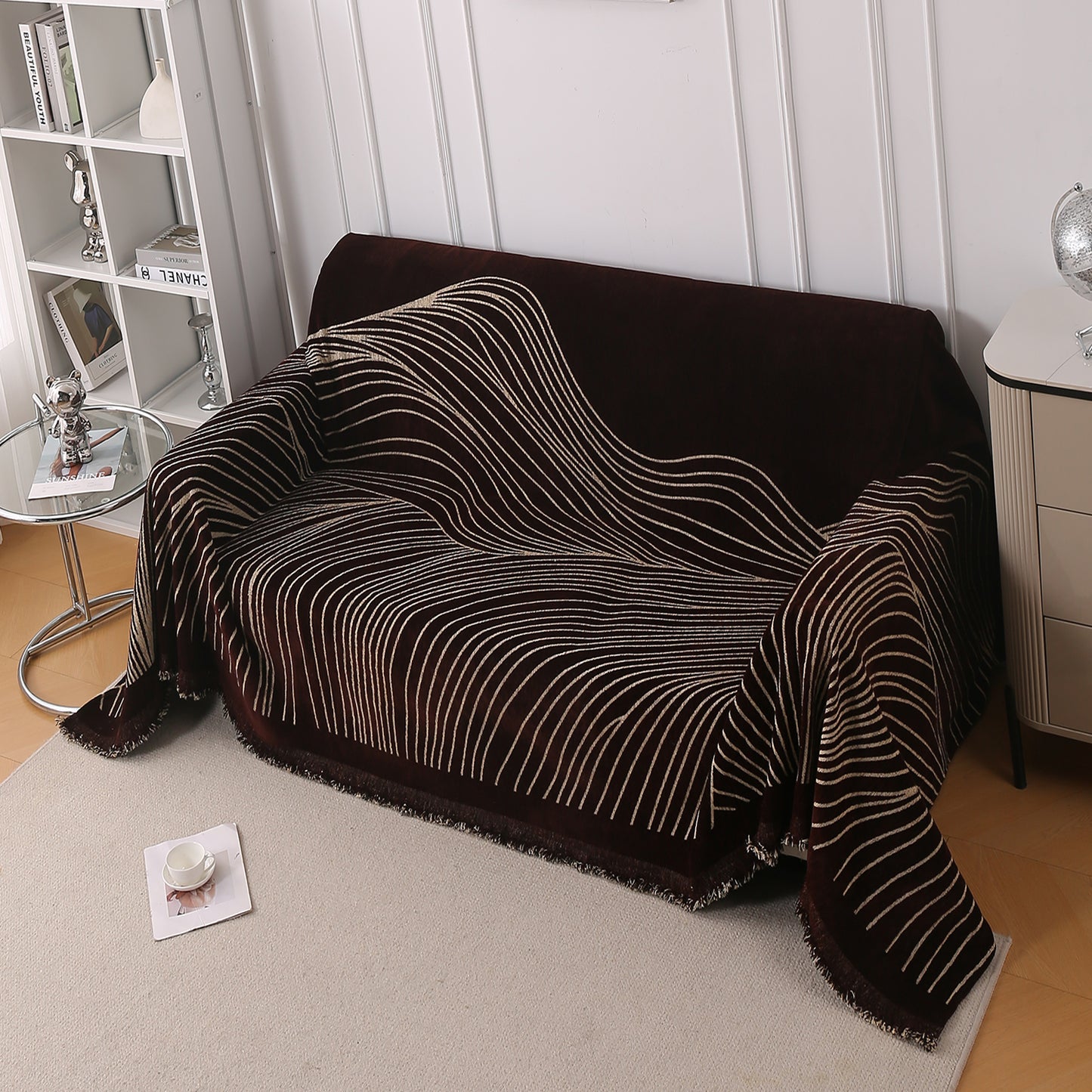 WaveLoom Collection Printed Chenille Sofa Cover Throw Blanket, Dark Coffee